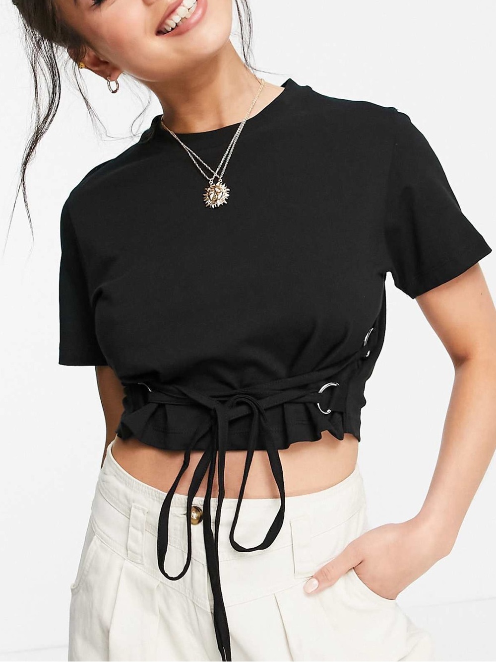 The Ragged Priest Black Cropped Lace-Up Cropped Tee